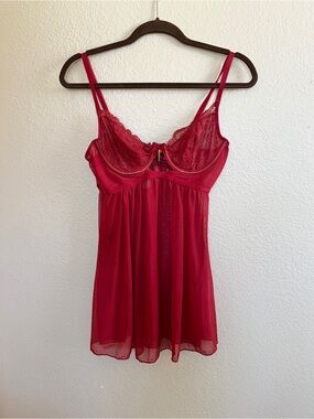 Rachel Red Lace-Trim Sheer Babydoll Chemise lingrie